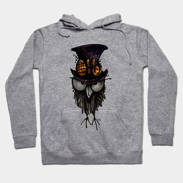 Funny Grumpy Steampunk Owl in a Steampunk Top Hat and Brass Goggles Hoodie by PaulStickland